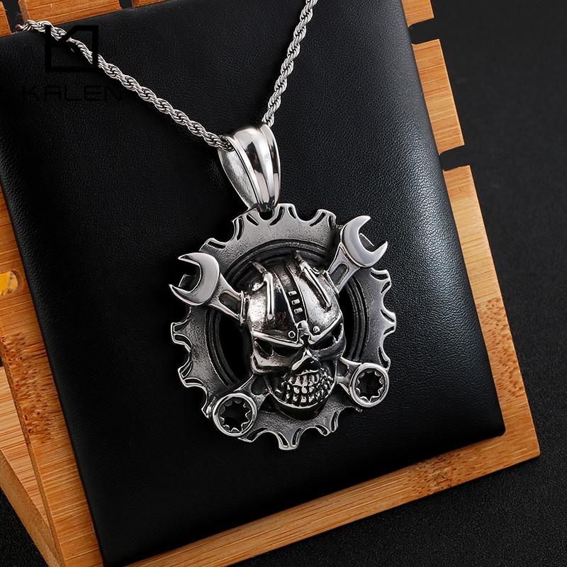 Punk Gothic Stainless Steel Skull Pendant Necklace Spanner Skeleton Chain-Necklace Pendant-Rossny