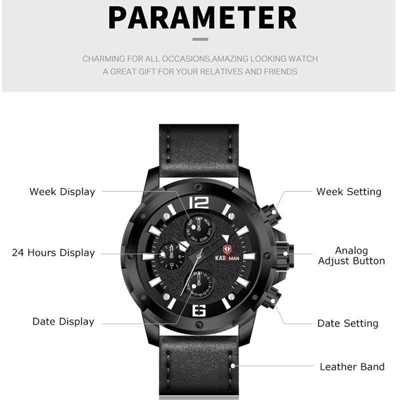 YSYH Brand Fashion Sports Quartz Watches Men's Leather Waterproof Clock Week 24 Hours Date Show