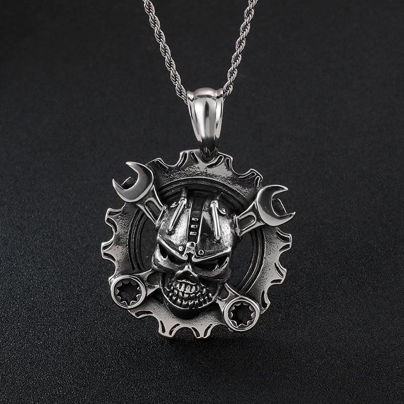 Punk Gothic Stainless Steel Skull Pendant Necklace Spanner Skeleton Chain-Necklace Pendant-Rossny