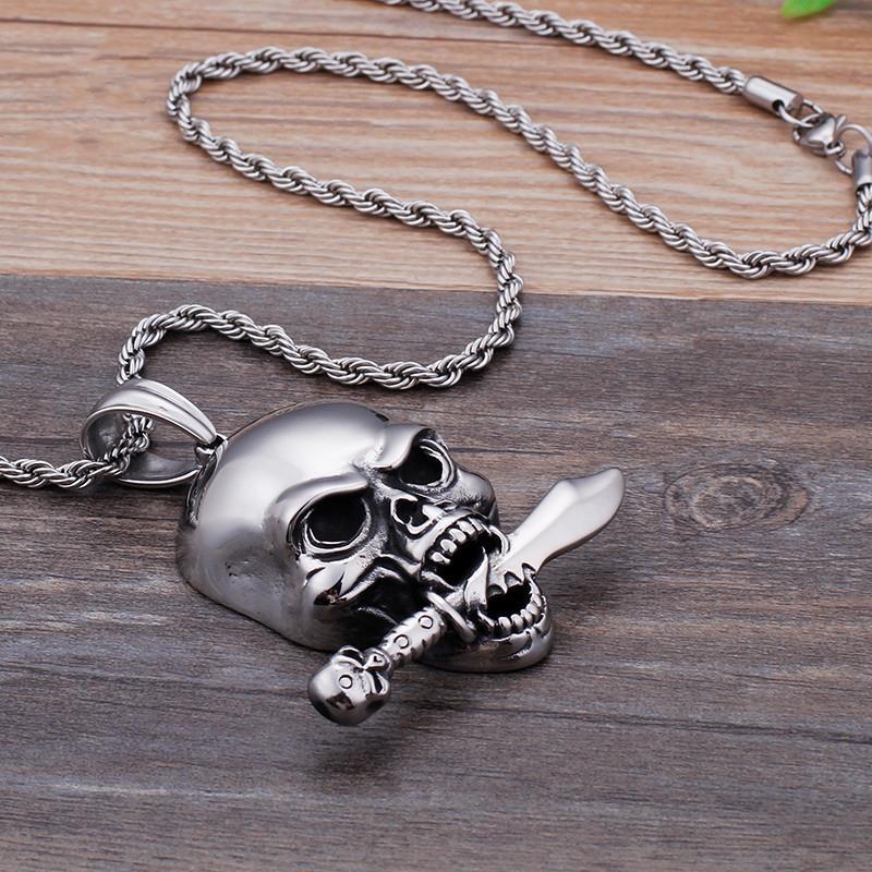 Hyperbole Mexican Skull Stainless Steel Pendant Necklace Silver Machine Charm Necklace-Necklace Pendant-Rossny