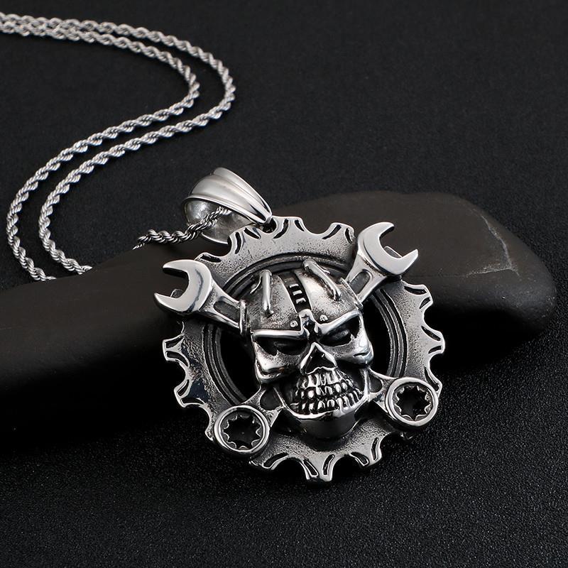 Punk Gothic Stainless Steel Skull Pendant Necklace Spanner Skeleton Chain-Necklace Pendant-Rossny
