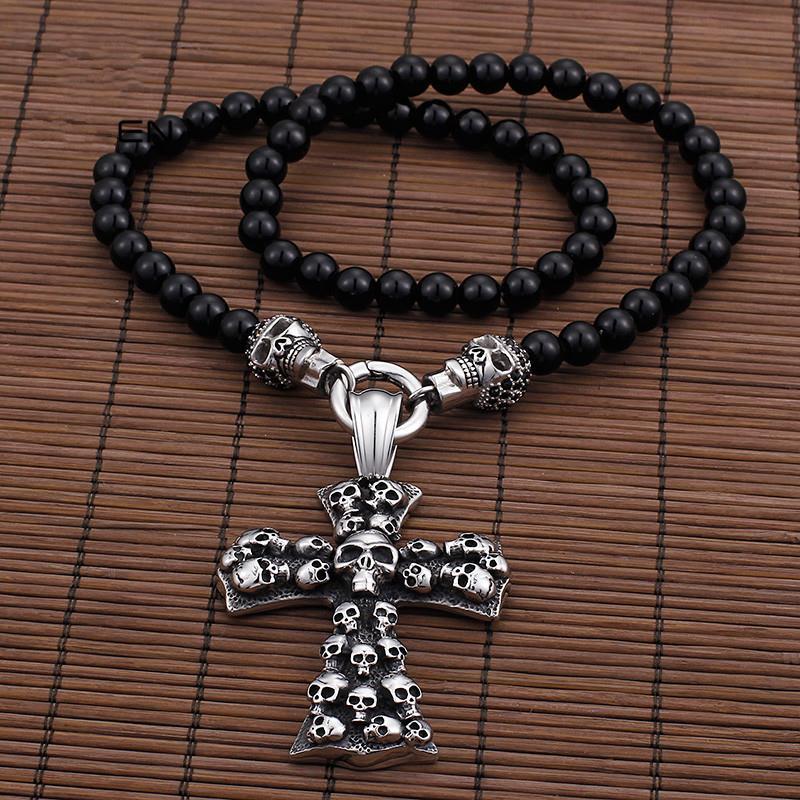 African Glass Beads Long Chain Necklace Stainless Steel Skull & Cross Jewelry Statement Necklace Jewelry-Necklace Pendant-Rossny