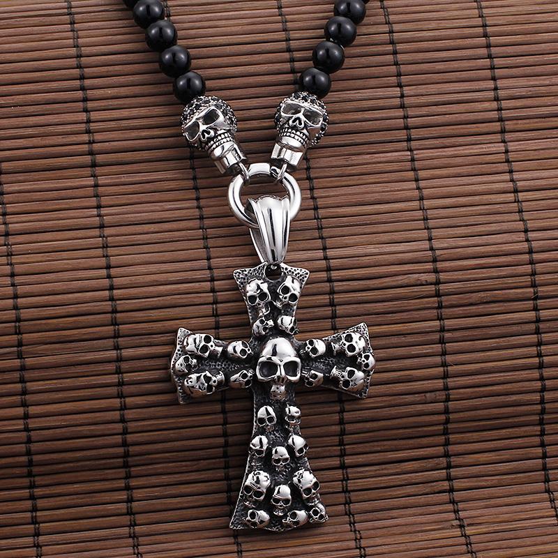 African Glass Beads Long Chain Necklace Stainless Steel Skull & Cross Jewelry Statement Necklace Jewelry-Necklace Pendant-Rossny