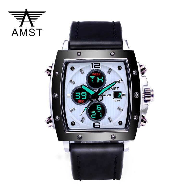 YSYH Mens Square Watch Double Display Quartzel Ectronic Clock 50M Waterproof Watch Men Luxury Brand Leather Wristwatch