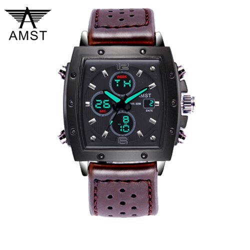 YSYH Mens Square Watch Double Display Quartzel Ectronic Clock 50M Waterproof Watch Men Luxury Brand Leather Wristwatch