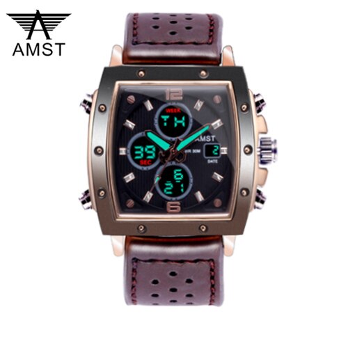 YSYH Mens Square Watch Double Display Quartzel Ectronic Clock 50M Waterproof Watch Men Luxury Brand Leather Wristwatch