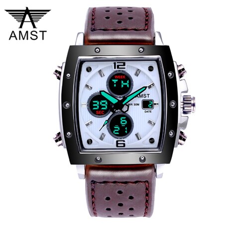 YSYH Mens Square Watch Double Display Quartzel Ectronic Clock 50M Waterproof Watch Men Luxury Brand Leather Wristwatch