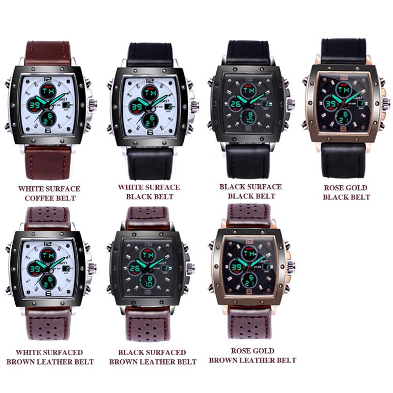 YSYH Mens Square Watch Double Display Quartzel Ectronic Clock 50M Waterproof Watch Men Luxury Brand Leather Wristwatch