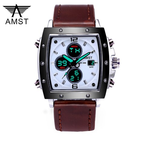 YSYH Mens Square Watch Double Display Quartzel Ectronic Clock 50M Waterproof Watch Men Luxury Brand Leather Wristwatch