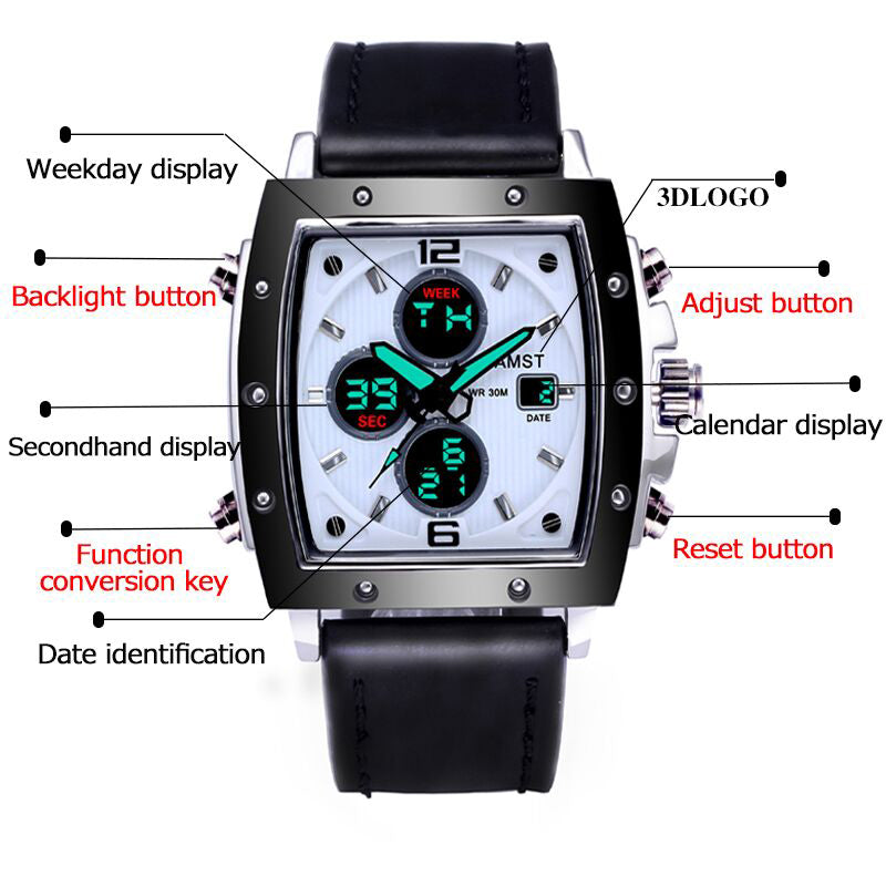 YSYH Mens Square Watch Double Display Quartzel Ectronic Clock 50M Waterproof Watch Men Luxury Brand Leather Wristwatch