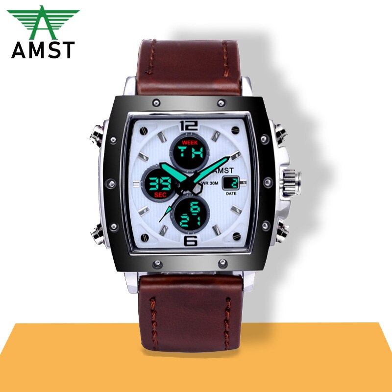 YSYH Mens Square Watch Double Display Quartzel Ectronic Clock 50M Waterproof Watch Men Luxury Brand Leather Wristwatch