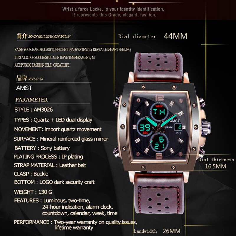 YSYH Mens Square Watch Double Display Quartzel Ectronic Clock 50M Waterproof Watch Men Luxury Brand Leather Wristwatch