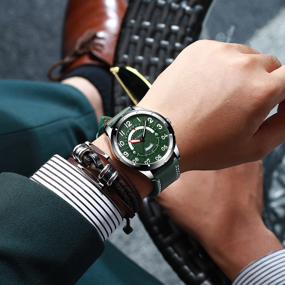 YSYH Casual Leather Strap Watch for Men Luxury Brand Military Green Clock Men Quartz Wristwatch Male Calendar Watch