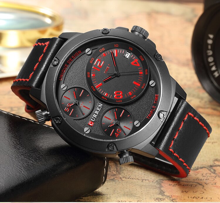 YSYH Casual Wristwatch Military Quartz Men's Watch Multiple Time Zone Leather Strap Male Clock