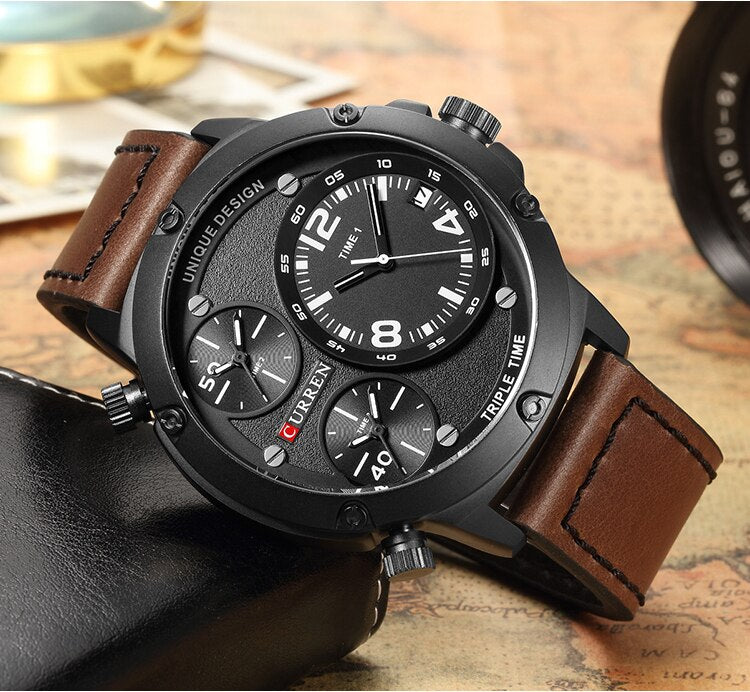 YSYH Casual Wristwatch Military Quartz Men's Watch Multiple Time Zone Leather Strap Male Clock
