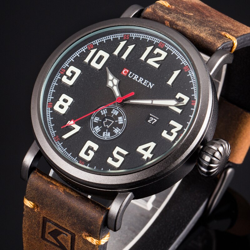 YSYH Men Watch Casual Wristwatch Date Week Quartz Genuine Leather Strap Male Clock