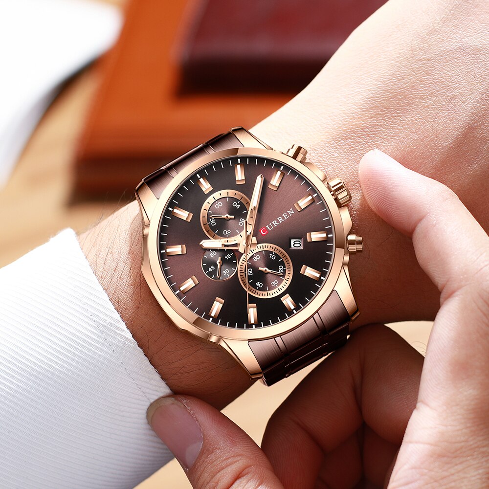 YSYH Fashion Watches Men Coffee Clock Men Quartz Wristwatch Stainless Steel Band Chronograph Watch Male