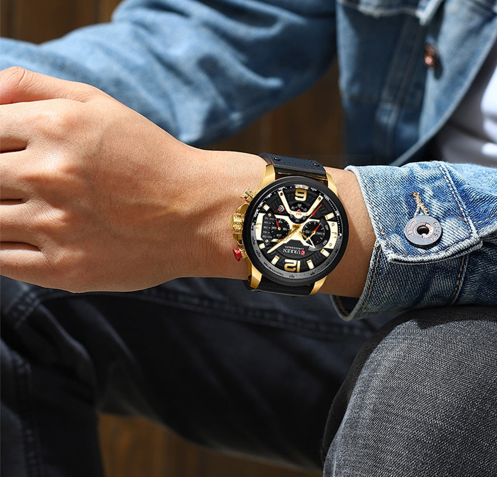 YSYH Luxury Leather SportsWatch Men Chronograph Quartz Man Clock