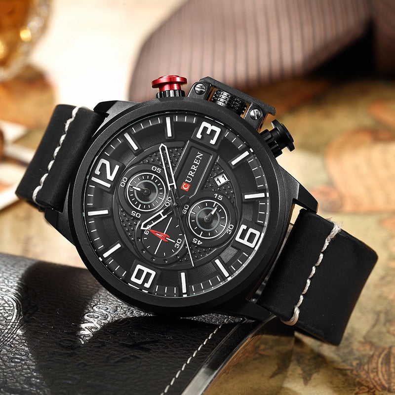 YSYH Sports Watches Chronograph Military Quartz Date Men's Wristwatch Leather Strap Male Clock