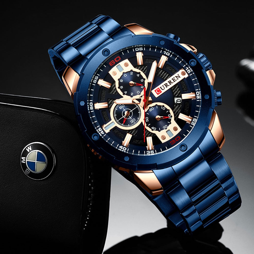 YSYH Watches Men Stainless Steel Band Quartz Wristwatch Military Chronograph Clock Male Sporty Watch Waterproof 8336