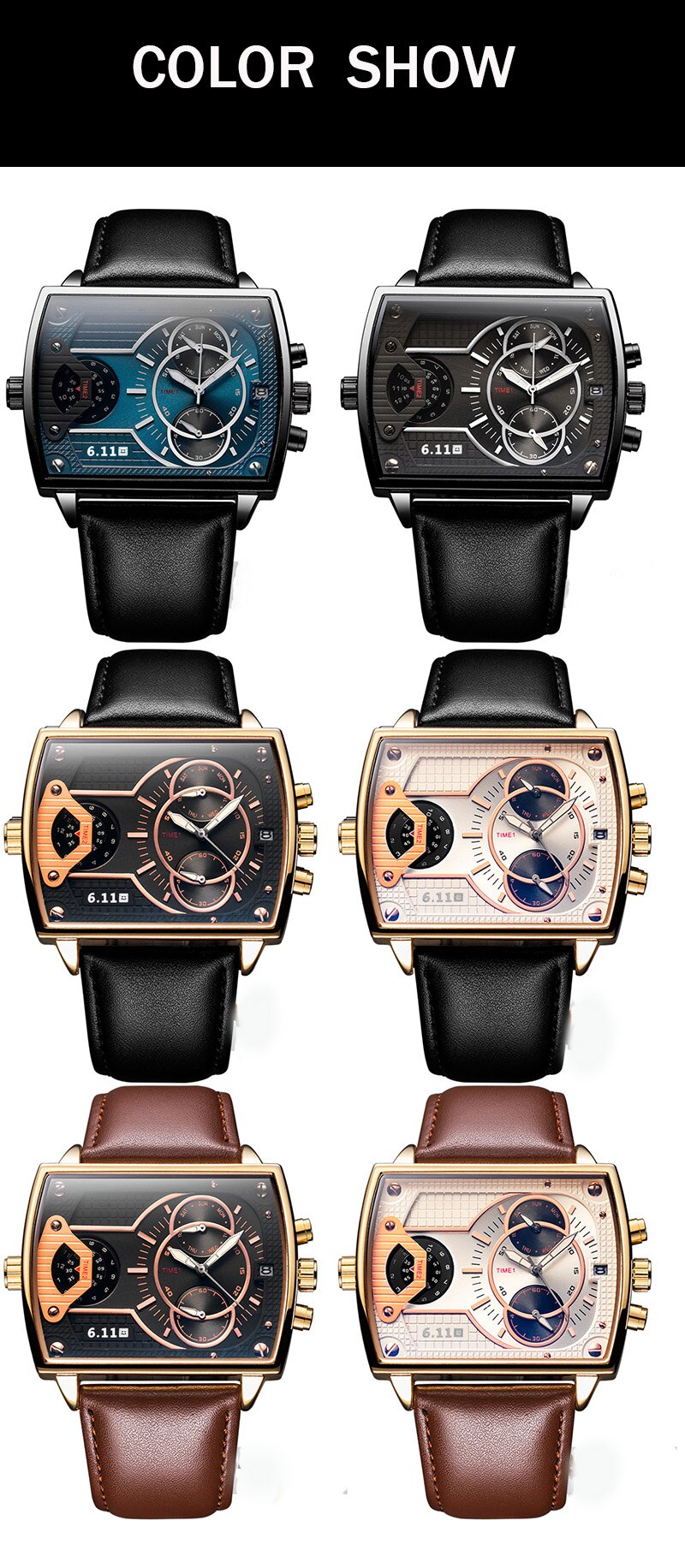 Men's Luxury Business Wrist watches Dual Time Zone Large Dial Man Waterproof Quartz Clock Leather Strap Casual Sports Watch