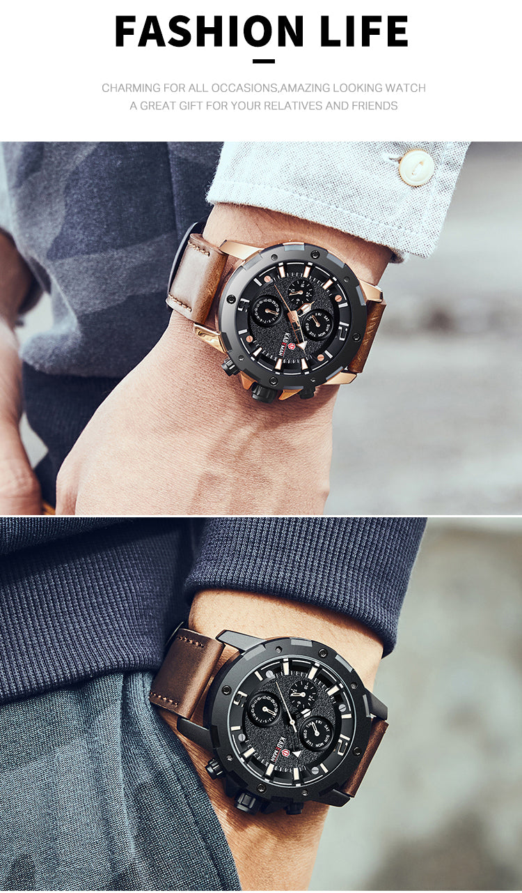 YSYH Brand Fashion Sports Quartz Watches Men's Leather Waterproof Clock Week 24 Hours Date Show