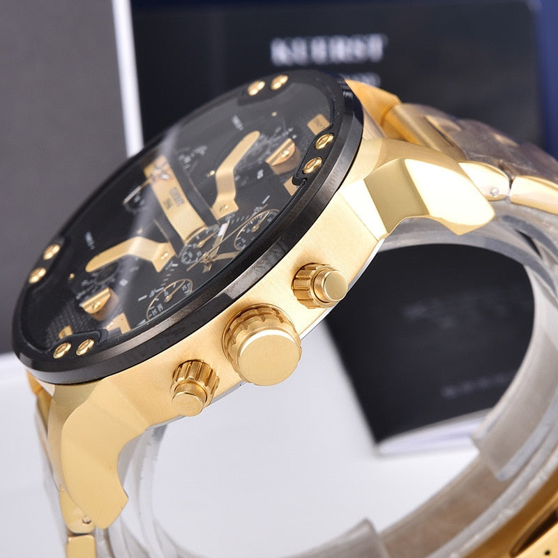 YSYH Men's Gold Watch Luxury Brand Waterproof Sport Quartz Clock Four Time Zone Display Big Dial Wrist Watch Men New
