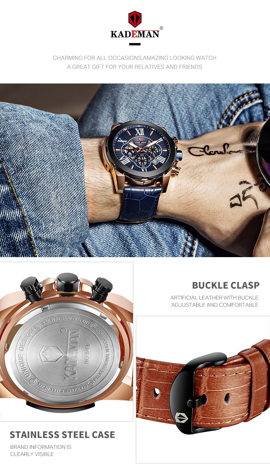 YSYH Men Watches Casual Leather Waterproof Date Quartz Watch