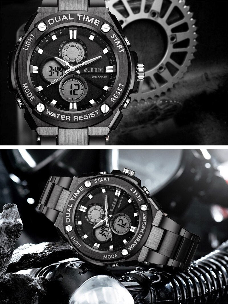 Man Multifunction Sports Watch Stainless Steel Strap Dual Display Quartz Watches Men's Waterproof LED Digital Clock New
