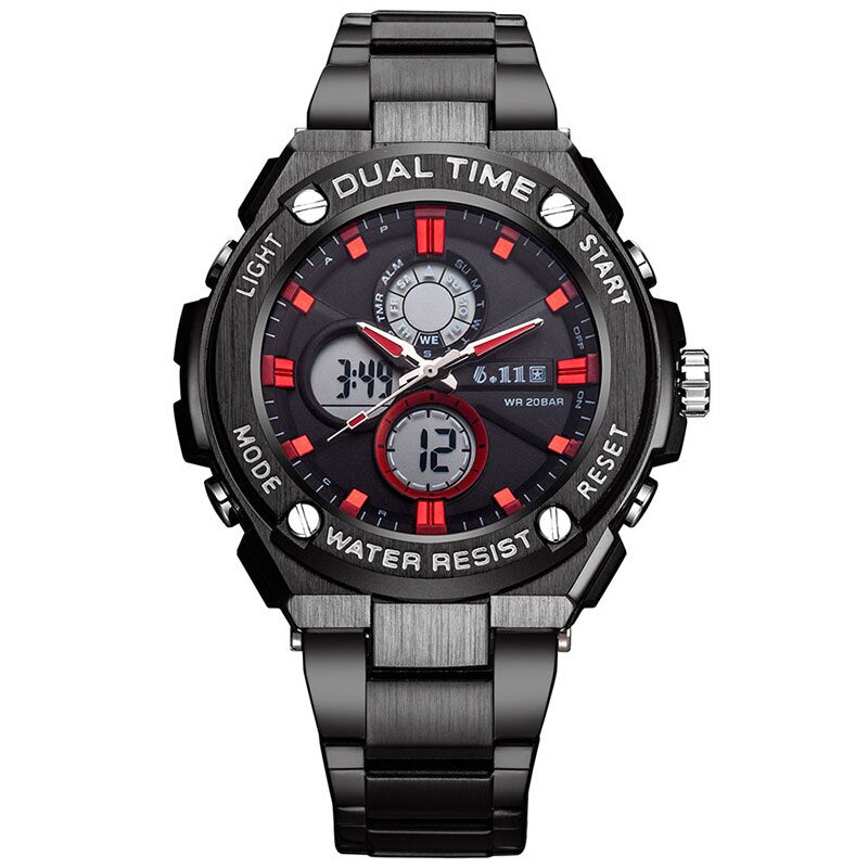 Man Multifunction Sports Watch Stainless Steel Strap Dual Display Quartz Watches Men's Waterproof LED Digital Clock New