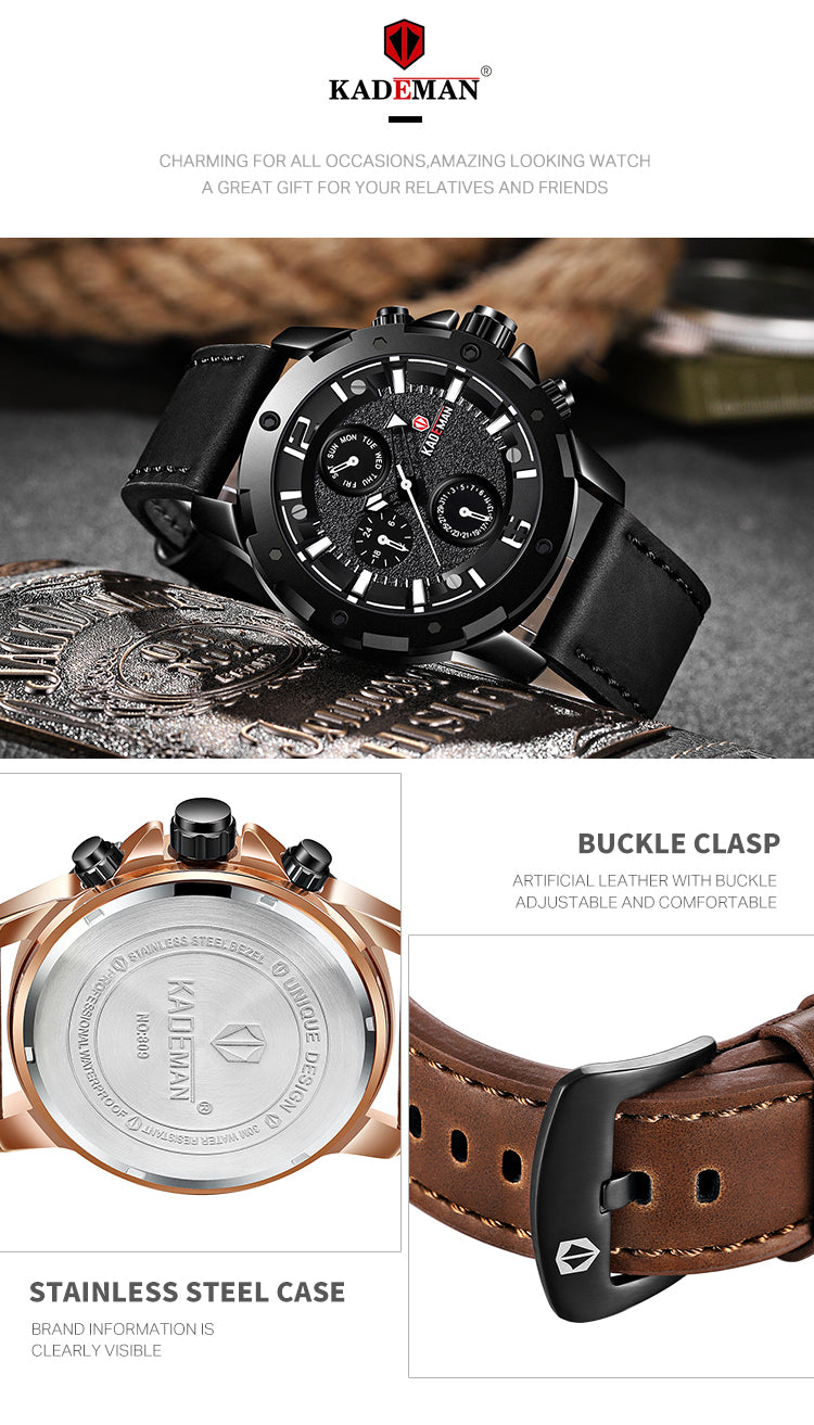 YSYH Brand Fashion Sports Quartz Watches Men's Leather Waterproof Clock Week 24 Hours Date Show