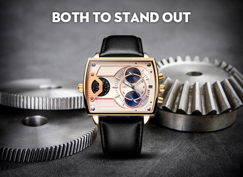 Men's Luxury Business Wrist watches Dual Time Zone Large Dial Man Waterproof Quartz Clock Leather Strap Casual Sports Watch