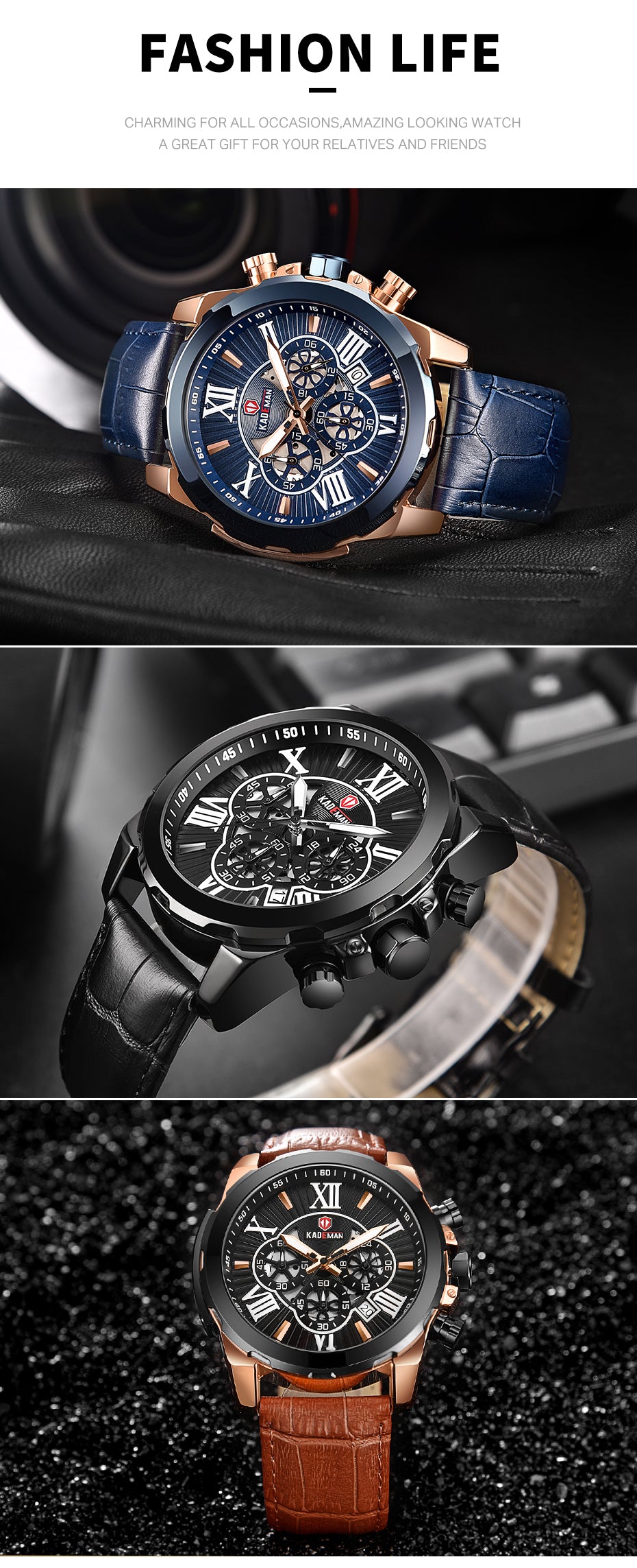 YSYH Men Watches Casual Leather Waterproof Date Quartz Watch