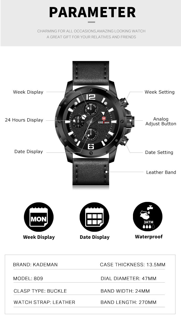 YSYH Brand Fashion Sports Quartz Watches Men's Leather Waterproof Clock Week 24 Hours Date Show