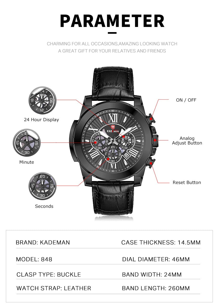 YSYH Men Watches Casual Leather Waterproof Date Quartz Watch