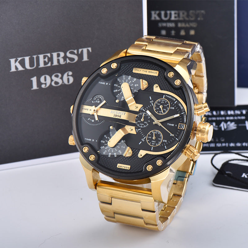 YSYH Men's Gold Watch Luxury Brand Waterproof Sport Quartz Clock Four Time Zone Display Big Dial Wrist Watch Men New