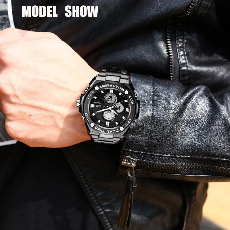 Man Multifunction Sports Watch Stainless Steel Strap Dual Display Quartz Watches Men's Waterproof LED Digital Clock New
