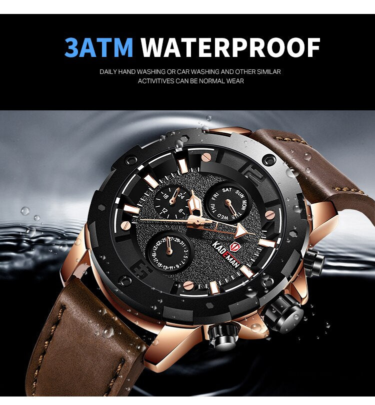 YSYH Brand Fashion Sports Quartz Watches Men's Leather Waterproof Clock Week 24 Hours Date Show