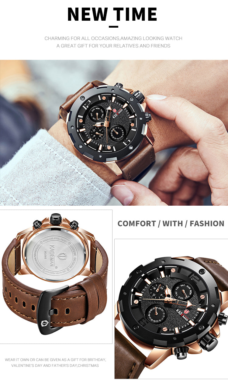YSYH Brand Fashion Sports Quartz Watches Men's Leather Waterproof Clock Week 24 Hours Date Show
