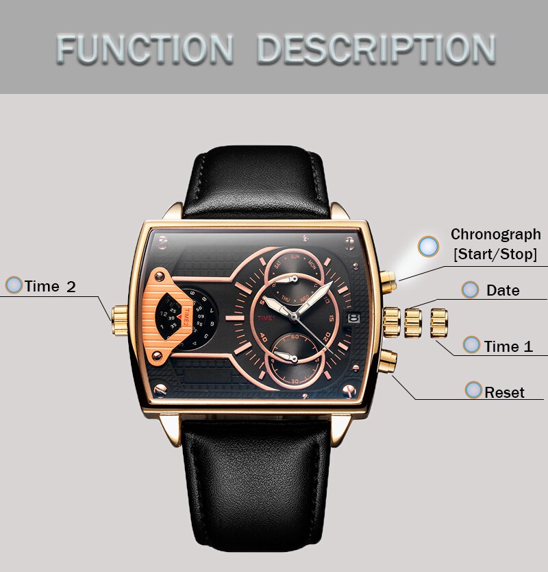 Men's Luxury Business Wrist watches Dual Time Zone Large Dial Man Waterproof Quartz Clock Leather Strap Casual Sports Watch