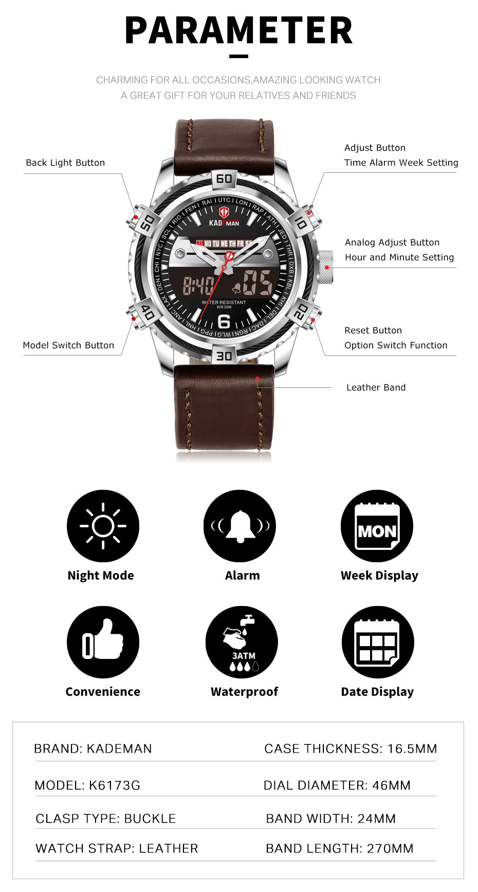 Luxury Male Watch with Alarm Clock Luminous Dial Digital Quartz Top Brand Man Watches New Dual Display Men's Watch