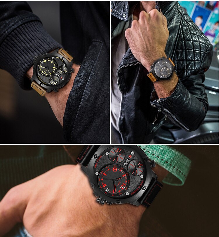 YSYH Casual Wristwatch Military Quartz Men's Watch Multiple Time Zone Leather Strap Male Clock