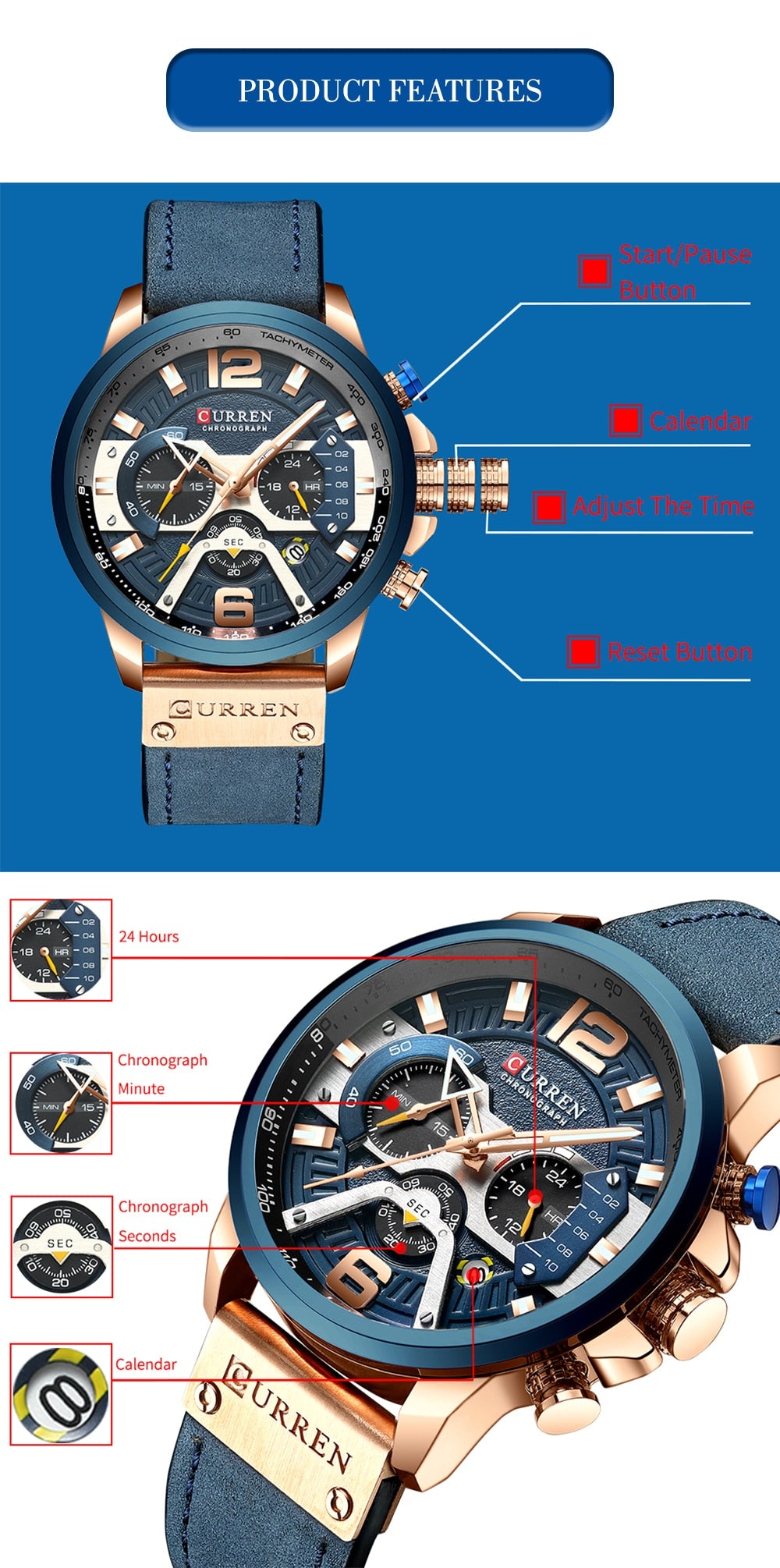 YSYH Luxury Leather SportsWatch Men Chronograph Quartz Man Clock