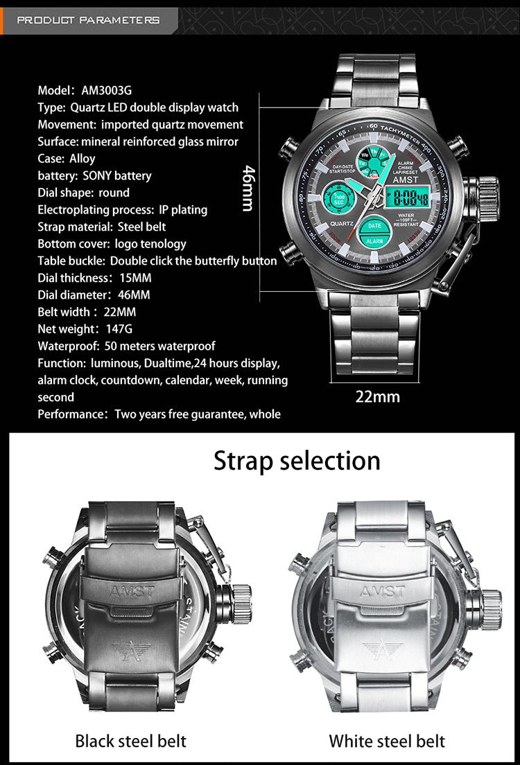 YSYH New Men's Wristwatch Clock Digital Dual Display Watch Male Multi-function Quartz Clock 50M Waterproof Chronograph