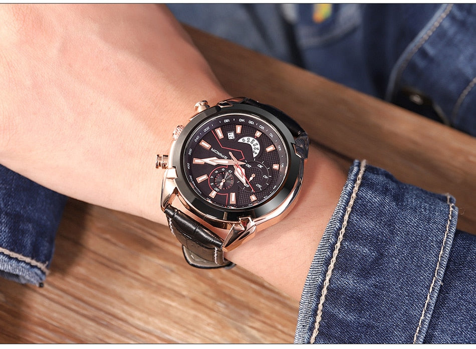SANDA Men's Sport Watches Chronograph Leather Strap Quartz Army Military Wristwatches Top Brand Luxury Watch Men Clock New