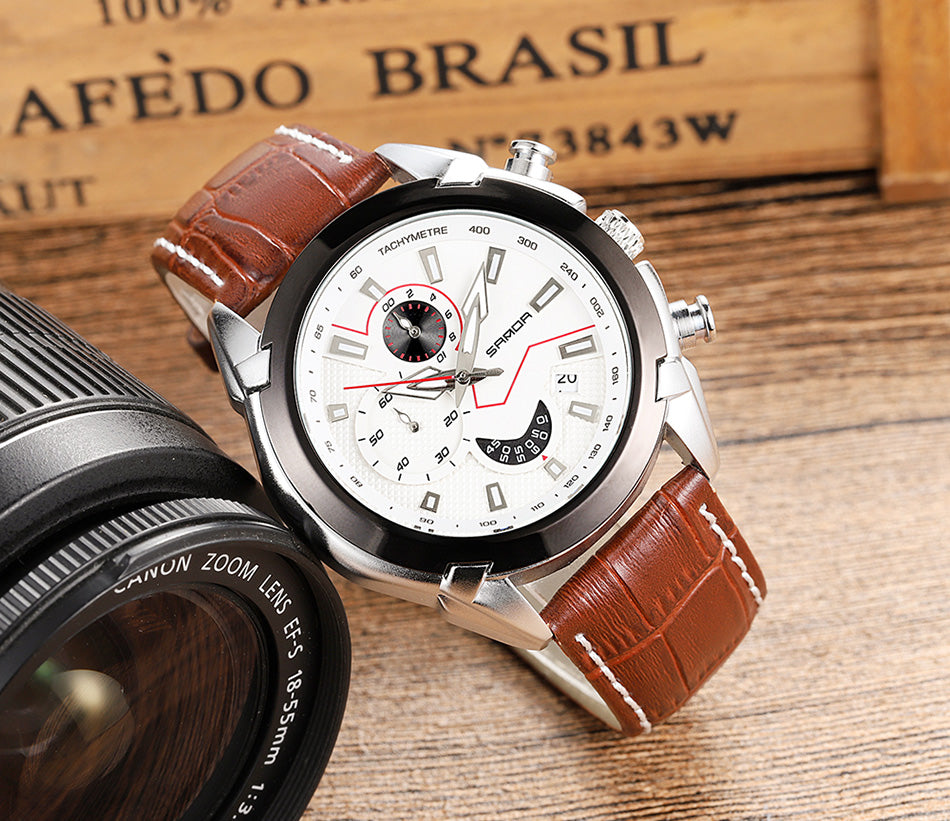 SANDA Men's Sport Watches Chronograph Leather Strap Quartz Army Military Wristwatches Top Brand Luxury Watch Men Clock New