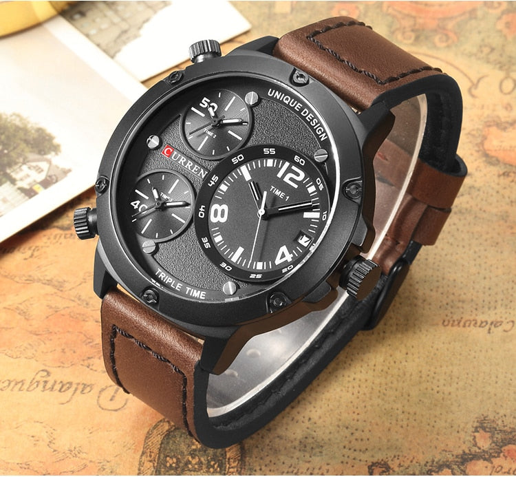 YSYH Casual Wristwatch Military Quartz Men's Watch Multiple Time Zone Leather Strap Male Clock