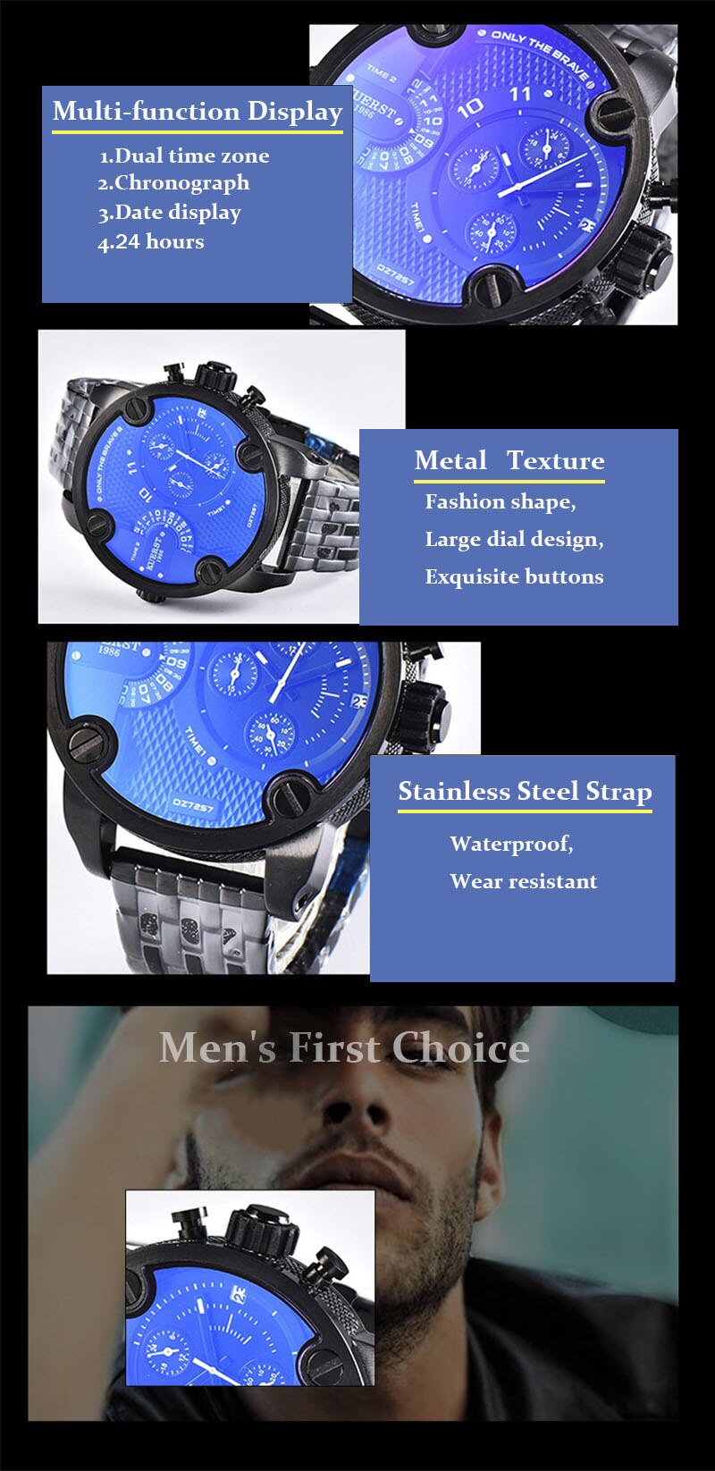 YSYH Man Watches Large Dial Men's Sports Wrist Watch Waterproof Double Time Zone Chronograph Men's Quartz Clock New