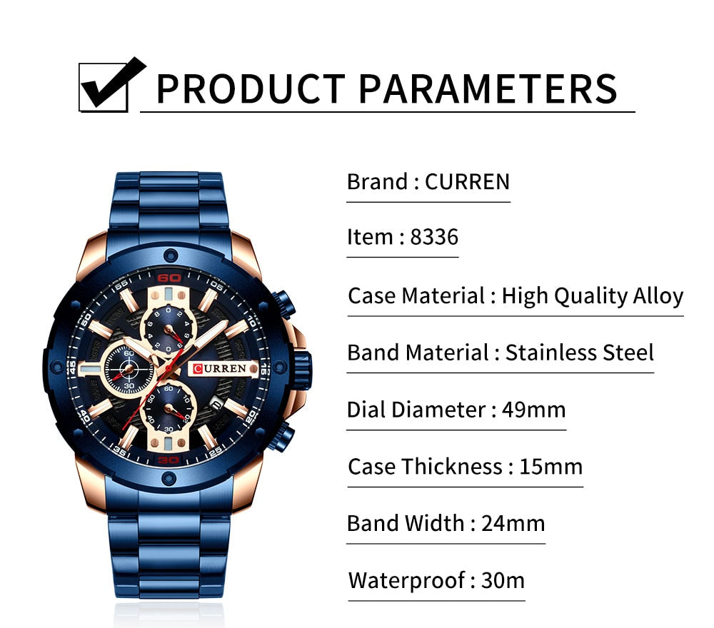 YSYH Watches Men Stainless Steel Band Quartz Wristwatch Military Chronograph Clock Male Sporty Watch Waterproof 8336