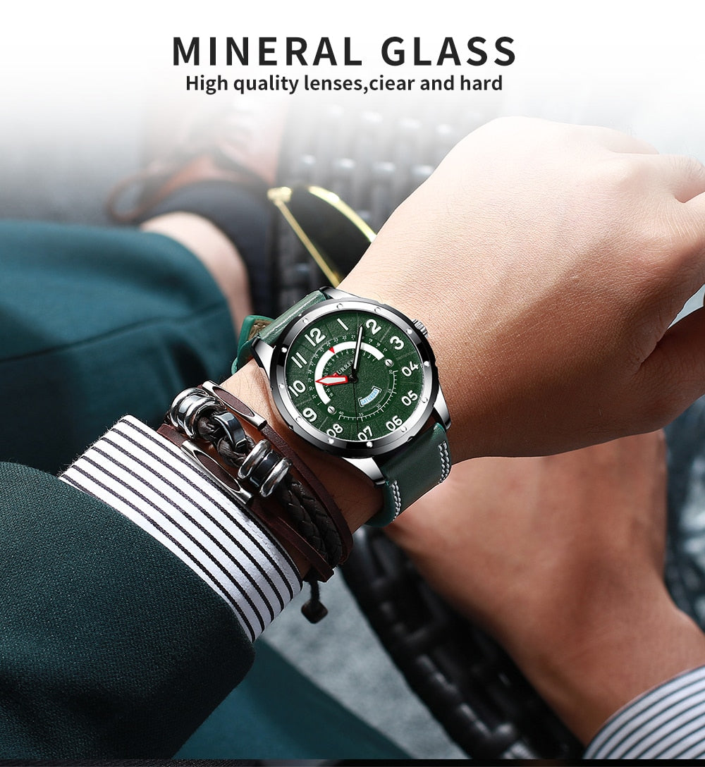 YSYH Casual Leather Strap Watch for Men Luxury Brand Military Green Clock Men Quartz Wristwatch Male Calendar Watch